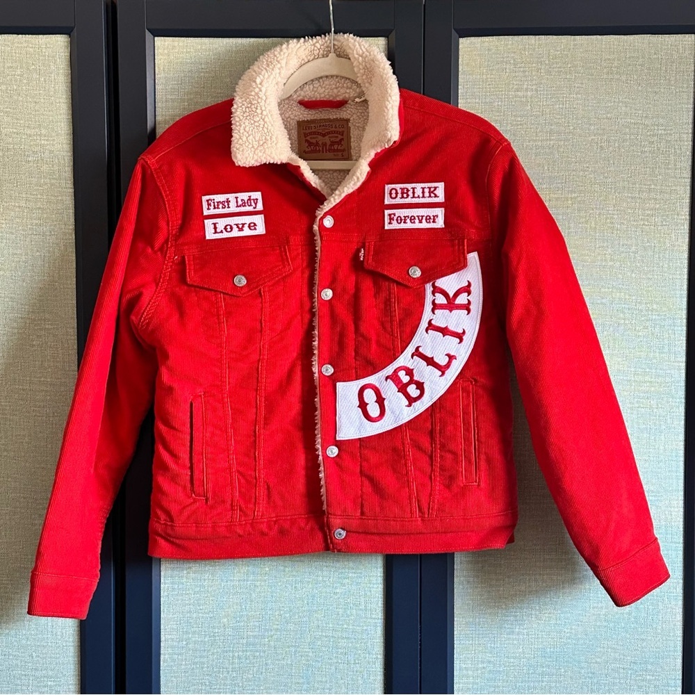 Levi’s Tomato Red Corduroy Patchwork Ex-Boyfriend Sherpa Trucker Jacket, Size S - Picture 3 of 6